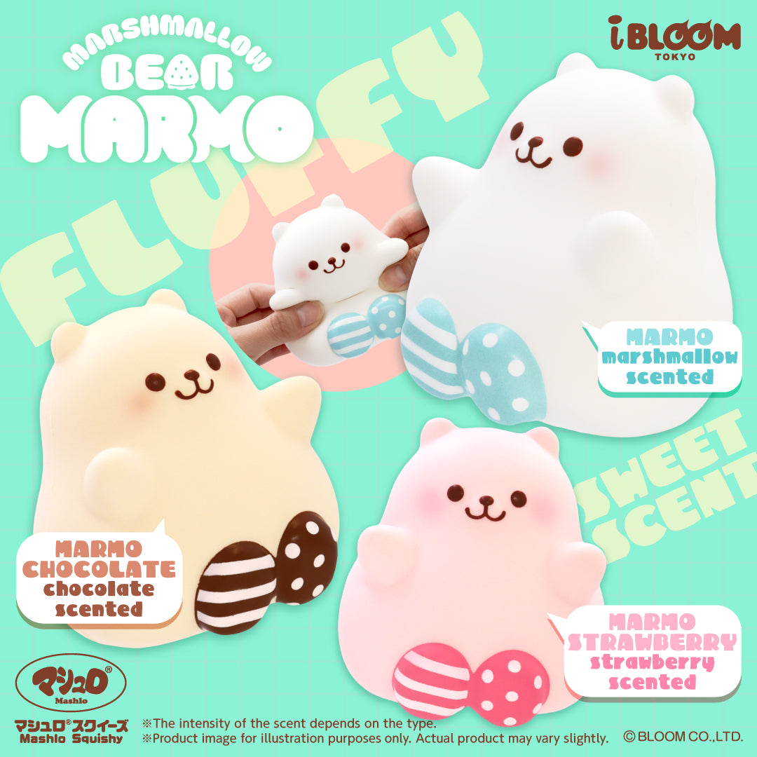 Marshmallow Bear Marmo line-up: Marmo Chocolate, Marmo (white) and Marmo Strawberry